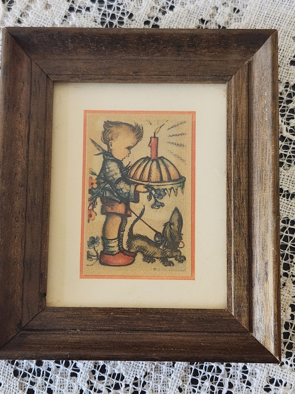 Vintage Framed Boy with Candle Art Print - Brown, Red, Blue